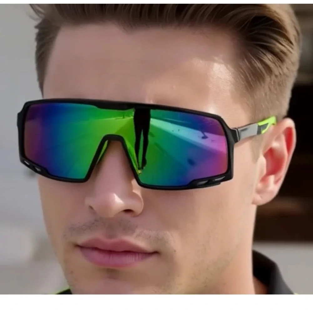 Men's‎ Sport Sunglasses Black Frame Mirror Lens Neon Green Accents Outfit Gafas